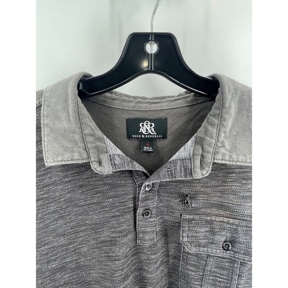 Rock & Republic Men's Polo Shirt Charcoal Gray Size Large Zipper & Pocket Cotton - Picture 3 of 9